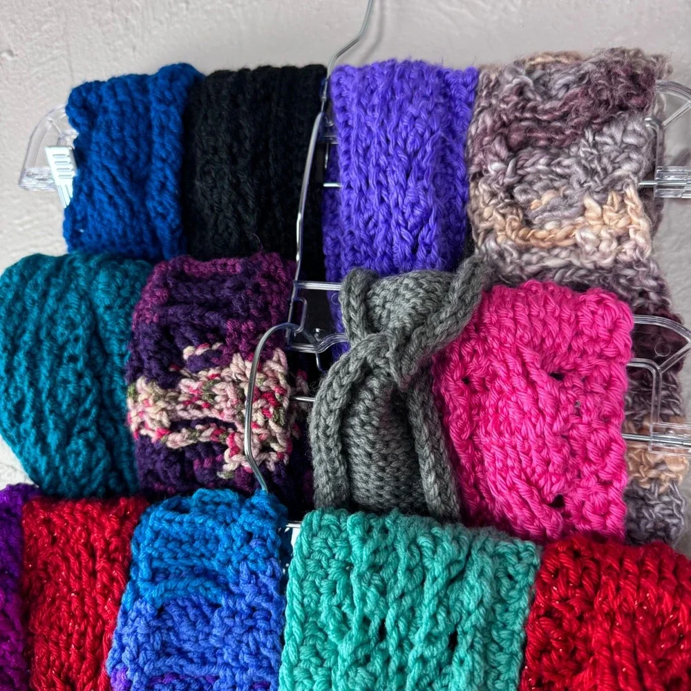 Handmade knit crochet headband bundle of 13 red, black, grey, turquoise, purple